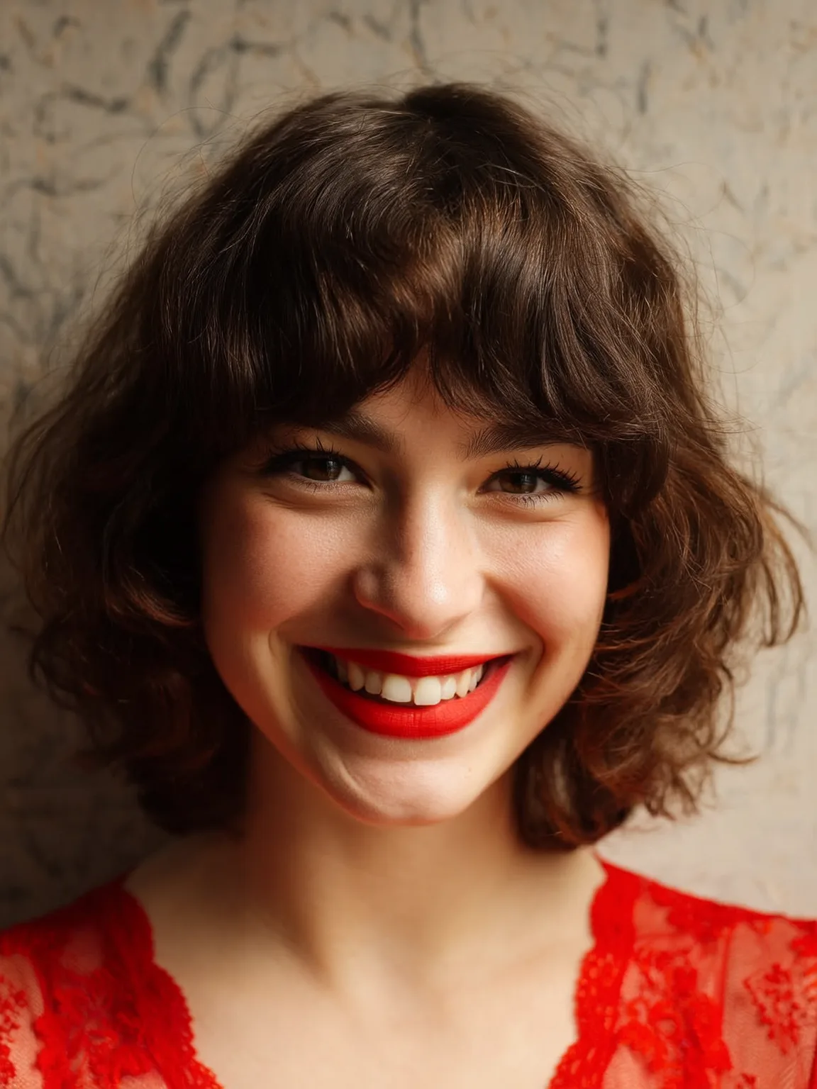 Rich Chocolate Curly Bob with Full Blunt Bangs